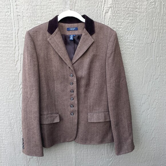 Ralph Lauren Chaps Riding Jacket 12 Brown Herringbone Wool Blazer Equestrian - Picture 1 of 7
